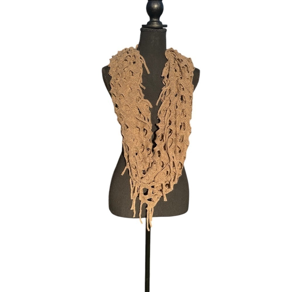 Tan & slightly glittered comfy pull over neck shawl w designer holes. OS.